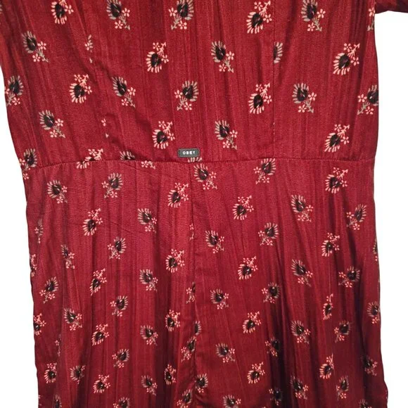 Obey Size M Dress Rouge Mini Floral Crinkle Velvet Button Front Ox Blood Red - Picture 11 of 12